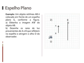 EspelhoPlano
Exemplo: Um objeto retilíneo AB é
colocado em frente de um espelho
plano E, conforme a figura.
a) Obtenha a imagem A’B’ do
objeto AB.
b) Desenhe os raios de luz
provenientes de A e B que refletem
no espelho e atingem o olho O do
observador.
 