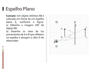 EspelhoPlano
Exemplo: Um objeto retilíneo AB é
colocado em frente de um espelho
plano E, conforme a figura.
a) Obtenha a imagem A’B’ do
objeto AB.
b) Desenhe os raios de luz
provenientes de A e B que refletem
no espelho e atingem o olho O do
observador.
 