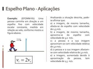 EspelhoPlano-Aplicações
Exemplo: (EFOMM-RJ) Uma
pessoa caminha em direção a um
espelho fixo com velocidade
escalar constante, medida em
relação ao solo, conforme mostra a
figura abaixo.
Analisando a situação descrita, pode-
se afirmar que:
a) a imagem, de mesmo tamanho,
afasta-se do espelho com velocidade
de 1,5 m/s.
b) a imagem, de mesmo tamanho,
aproxima-se do espelho com
velocidade de 3,0xm/s.
c) a pessoa e a sua imagem
aproximam-se com velocidade relativa
de 3,0 m/s.
d) a pessoa e a sua imagem afastam-
se com velocidade relativa de 3,0 m/s.
e) a imagem, aumentada devido à
aproximação da pessoa, tem
velocidade de 1,5xm/s.
 