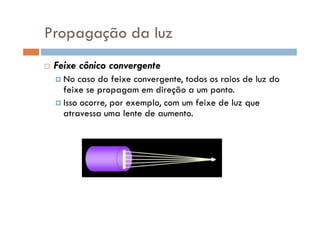 Propagação da luz
Feixe cônico convergente
No caso do feixe convergente, todos os raios de luz do
feixe se propagam em direção a um ponto.
Isso ocorre, por exemplo, com um feixe de luz que
atravessa uma lente de aumento.atravessa uma lente de aumento.
 