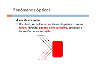 Fenômenos ópticos
A cor de um corpo
Um objeto vermelho, ao ser iluminado pela luz branca,
reflete (difunde) apenas a cor vermelha, causando a
impressão de um vermelho.
 