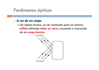 Fenômenos ópticos
A cor de um corpo
Um objeto branco, ao ser iluminado pela luz branca,
reflete (difunde) todas as cores, causando a impressão
de um corpo branco.
 