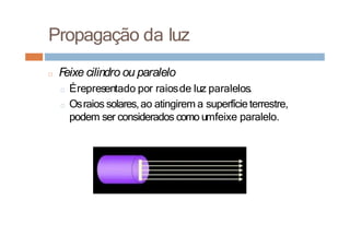 Propagação da luz
□ F
eixe cilindro ou paralelo
□ Érepresentado por raiosde luz paralelos.
□ Osraios solares,ao atingirem a superfície terrestre,
podem ser considerados como umfeixe paralelo.
 