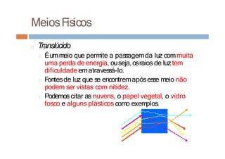 MeiosFísicos
□ Translúcido
□ Éummeio que permite a passagemda luz commuita
uma perda de energia, ouseja,osraios de luztem
dificuldade ematravessá-lo.
□ Fontesde luz que se encontremapósesse meio não
podem ser vistas com nitidez.
□ Podemoscitar as nuvens, o papel vegetal, o vidro
fosco e alguns plásticos como exemplos.
 