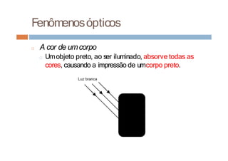Fenômenosópticos
□ A cor de umcorpo
□ Umobjeto preto, ao ser iluminado, absorve todas as
cores, causando a impressão de umcorpo preto.
 