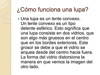 ¿Cómo funciona una lupa?
 Una lupa es un lente convexo.
Un lente convexo es un tipo
delente esférico. Esto significa que
una lupa consiste en dos vidrios, que
son algo más gruesos en el centro
que en los bordes exteriores. Este
grosor se debe a que el vidrio se
arquea desde del centro hacia fuera.
La forma del vidrio distorsiona la
manera en que vemos la imagen del
otro lado.
 