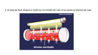 2. O tubo de flash dispara e injeta luz no cilindro de rubi. A luz excita os átomos do rubi.
 