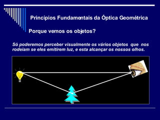 Princípios Fundamentais da Óptica Geométrica Porque vemos os objetos? Só poderemos perceber visualmente os vários objetos  que  nos rodeiam se eles emitirem luz, e esta alcançar os nossos olhos. 