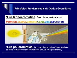 Princípios Fundamentais da Óptica Geométrica *Luz Monocromática : Luz de uma única cor . Vermelho ; laranja ; amarelo ; verde ; azul ; anil ; violeta * Luz policromática:   Luz constituída pela mistura de duas ou mais radiações monocromáticas. Ex:Luz solar(luz branca) 