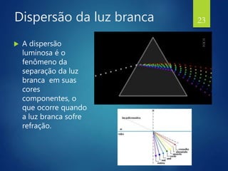 Dispersão da luz branca
 A dispersão
luminosa é o
fenômeno da
separação da luz
branca em suas
cores
componentes, o
que ocorre quando
a luz branca sofre
refração.
23
 