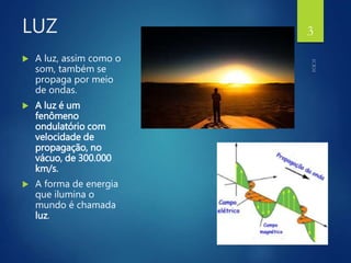 LUZ
 A luz, assim como o
som, também se
propaga por meio
de ondas.
 A luz é um
fenômeno
ondulatório com
velocidade de
propagação, no
vácuo, de 300.000
km/s.
 A forma de energia
que ilumina o
mundo é chamada
luz.
3
 