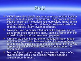 Ptići
 Kada ženka ptice položi jaja, ona se moraju održati toplima
  kako bi se budući ptići u njima razvili. Ovaj proces se zove
  ležanje na jajima ili inkubacija koju uobičajeno izvodi ženka
  ležeći na jajima u gnezdu i održavajući njihovu konstantnu
  potrebnu toplotu tokom izvesnog perioda.
 Neki ptići, kao na primer mladunci patke ili guske, čim se
  izlegu prate svoje roditelje u stopu, sami se hrane onim što
  pronađu i njihovo telo je prekriveno paperjem.
 Druge vrste ptica, kao na primer papagaji ili laste, rađaju
  se potpuno gole kože i bespomoćni su tokom određenog
  perioda dok ne ojačaju i ne počnu da se kreću, pa ih čuvaju
  i prehranjuju njihovi roditelji dok ovi ne dobiju perje i ne
  počnu da lete.
 Tek izlegli ptići u gnezdu - goli, nepokretni i bespomoćni,
  otvorenih usta čekaju da ih njihovi roditelji nahrane
  polusvarenom hranom .
 