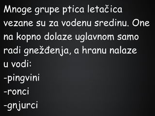 Mnoge grupe ptica letačica
vezane su za vodenu sredinu. One
na kopno dolaze uglavnom samo
radi gnežđenja, a hranu nalaze
u vodi:
-pingvini
-ronci
-gnjurci

 