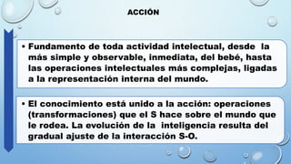ACCIÓN
• Fundamento de toda actividad intelectual, desde la
más simple y observable, inmediata, del bebé, hasta
las operaciones intelectuales más complejas, ligadas
a la representación interna del mundo.
• El conocimiento está unido a la acción: operaciones
(transformaciones) que el S hace sobre el mundo que
le rodea. La evolución de la inteligencia resulta del
gradual ajuste de la interacción S-O.
 