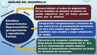 ANÁLISIS DEL DESARROLLO
Estadios:
Sensoriomotor
Representativo
(preoperatorio
y operatorio).
Formal.
Secuencialidad: el orden de adquisición
de los estadios es siempre el mismo, no
puede adquirirse uno sin haber pasado
antes por el anterior.
Integración: reorganización e inclusión de
las estructuras de pensamiento anteriores
en otra más amplia, que implica un
equilibrio más estable y mejor adaptación
al medio.
Estructura de conjunto: totalidades que
determinan el comportamiento del S. Así,
un S en determinado estadio debería
mostrar el pensamiento respectivo en todos
los dominios de actuación.
 