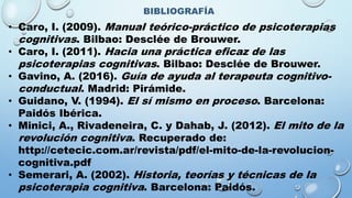 BIBLIOGRAFÍA
• Caro, I. (2009). Manual teórico-práctico de psicoterapias
cognitivas. Bilbao: Desclée de Brouwer.
• Caro, I. (2011). Hacia una práctica eficaz de las
psicoterapias cognitivas. Bilbao: Desclée de Brouwer.
• Gavino, A. (2016). Guía de ayuda al terapeuta cognitivo-
conductual. Madrid: Pirámide.
• Guidano, V. (1994). El sí mismo en proceso. Barcelona:
Paidós Ibérica.
• Minici, A., Rivadeneira, C. y Dahab, J. (2012). El mito de la
revolución cognitiva. Recuperado de:
http://cetecic.com.ar/revista/pdf/el-mito-de-la-revolucion-
cognitiva.pdf
• Semerari, A. (2002). Historia, teorías y técnicas de la
psicoterapia cognitiva. Barcelona: Paidós.
 