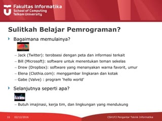 Bagaimana memulainya?
– Jack (Twitter): terobsesi dengan peta dan informasi terkait
– Bill (Microsoft): software untuk menentukan teman sekelas
– Drew (Dropbox): software yang menanyakan warna favorit, umur
– Elena (Clothia.com): menggambar lingkaran dan kotak
– Gabe (Valve) : program ‘hello world’
Selanjutnya seperti apa?
– Butuh imajinasi, kerja tim, dan lingkungan yang mendukung
Sulitkah Belajar Pemrograman?
16 02/12/2016 CSH1F2 Pengantar Teknik Informatika
 