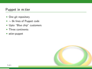 Puppet in m:tier
• One git repository
• ∼ 6k lines of Puppet code
• Upto “Blue chip” customers
• Three continents
• mtier-puppet




 7 of 1
 