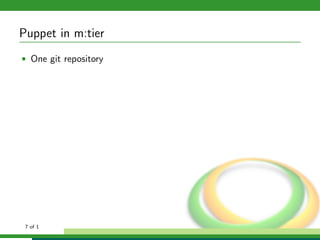 Puppet in m:tier
• One git repository




 7 of 1
 