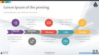 w w w . D o m a i n . c o m Page 69
www.MainSlide.com
© All Rights Reserved.
Confidential
Longfact tha reader will
be its. Will beits got me
layoutno.
Estabilishedodistrted its
layout.Will beits got me
nowand to home
Fact that a reader will be
itlayout. Long fact tha
readerwill be its.
Will beits got me
layoutno.
Estabilishedoits
layout.
Longfact tha reader will
be itstabilishedodistrted
its layout.
Planet
s
Busse
s Money Life Media
Lorem Ipsumof the printing
Estabilishedfact that a reader will be distracted its layout.
 