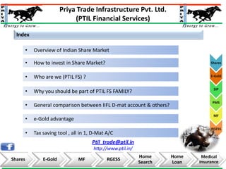 Priya Trade Infrastructure Pvt. Ltd.
(PTIL Financial Services)
Index
•

Overview of Indian Share Market

•

How to invest in Share Market?

Shares

•

Who are we (PTIL FS) ?

E-Gold

•

Why you should be part of PTIL FS FAMILY?

•

General comparison between IIFL D-mat account & others?

•

e-Gold advantage

•

SIP

PMS

MF

RGESS

Tax saving tool , all in 1, D-Mat A/C

Ptil_trade@ptil.in
http://www.ptil.in/
Shares

E-Gold

MF

RGESS

Home
Search

Home
Loan

Medical
Insurance

 