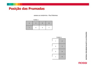 87
65
43
21
TORRE B
7531
8642
TORRE A
acesso ao condomínio - Rua Palmeiras
Posição das Prumadas
MATERIALPRELIMINARSUJEITOAALTERAÇÕES
 