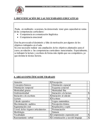 Plan de trabajo individual para ACNEAEs
3. IDENTIFICACIÓN DE LAS NECESIDADES EDUCATIVAS
Paula, en multitudes ocasiones, ha...
