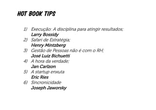HOT BOOk Tips

 1) Execução: A disciplina para atingir resultados;
    Larry Bossidy
 2) Safari de Estratégia;
    Henry Mintzberg
 3) Gestão de Pessoas não é com o RH;
    José Luiz Bichuetti
 4) A hora da verdade;
    Jan Carlzon
 5) A startup enxuta
    Eric Ries
 6) Sincronicidade
    Joseph Jaworsky
 