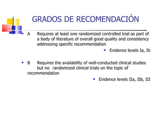 GRADOS DE RECOMENDACIÓN A  Requires at least one r andomized controlled trial  as part of  a body of literature of overall good quality and  consistency  addressing specific recommendation Evidence levels Ia, Ib B  Requires the availability of  well-conducted clinical studies  but no  randomized  clinical trials on the topic  of  recommendation Evidence levels IIa, IIb, III 