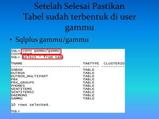 Setelah Selesai Pastikan
Tabel sudah terbentuk di user
gammu
• Sqlplus gammu/gammu
 