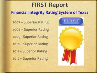 FIRST Report
Financial Integrity Rating System of Texas

2007 – Superior Rating
2008 – Superior Rating
2009 - Superior Rating
2010 – Superior Rating
2011 – Superior Rating
2012 – Superior Rating
 