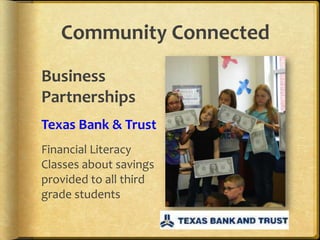 Community Connected
Business
Partnerships
Texas Bank & Trust
Financial Literacy
Classes about savings
provided to all third
grade students
 