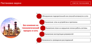 Постановка задачи
Обнаружение подозрительной или опасной активности в сети
Выявление атак на устройства и протоколы
Выявление атаки на нарушение логики работы системы
Выявление эксплуатации уязвимостей
Возможность проведения расследований
Без влияния на
технологический
процесс и сеть
 