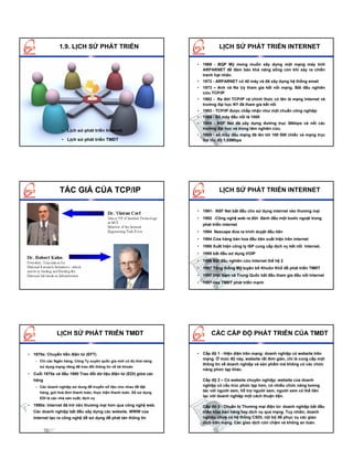 1.9. LỊCH SỬ PHÁT TRIỂN                                          LỊCH SỬ PHÁT TRIỂN INTERNET

                                                                       • 1969 - BQP Mỹ mong muốn xây dựng một mạng máy tính
                                                                         ARPARNET để đảm bảo khả năng sống còn khi xảy ra chiến
                                                                         tranh hạt nhân.
                                                                       • 1972 - ARPARNET có 40 máy và đã xây dựng hệ thống email
                                                                       • 1973 – Anh và Na Uy tham gia kết nối mạng. Bắt đầu nghiên
                                                                         cứu TCP/IP
                                                                       • 1982 - Ra đời TCP/IP và chính thức có tên là mạng Internet và
                                                                         trường đại học NY đã tham gia kết nối
                                                                       • 1983 - TCP/IP được chấp nhận như một chuẩn công nghiệp
                                                                       • 1984 - Số máy đấu nối là 1000
                                                                       • 1986 - NSF Net đã xây dựng đường trục 56kbps và nối các
                  • Lịch sử phát triển Internet                          trường đại học và trung tâm nghiên cứu.
                                                                       • 1989 - số máy đấu mạng đã lên tới 100 000 chiếc và mạng trục
                  • Lịch sử phát triển TMĐT                              đạt tốc độ 1,55Mbps




                 TÁC GIẢ CỦA TCP/IP                                               LỊCH SỬ PHÁT TRIỂN INTERNET


                                                                       • 1991- NSF Net bắt đầu cho sử dụng internet vào thương mại
                                                                       • 1992 -Công nghệ web ra đời đánh đấu một bước ngoặt trong
                                                                         phát triển internet
                                                                       • 1994 Nescape đưa ra trình duyệt đầu tiên
                                                                       • 1994 Cửa hàng bán hoa đầu tiên xuất hiện trên internet
                                                                       • 1995 Xuất hiện công ty ISP cung cấp dịch vụ kết nối Internet.
                                                                       • 1995 bắt đầu sử dụng VOIP
                                                                       • 1996 Bắt đầu nghiên cứu Internet thế hệ 2
                                                                       • 1997 Tổng thống Mỹ tuyên bố Khuôn Khổ để phát triển TMĐT
                                                                       • 1997 Việt Nam và Trung Quốc bắt đầu tham gia đấu nối Internet
                                                                       • 1997-nay TMĐT phát triển mạnh




               LỊCH SỬ PHÁT TRIỂN TMĐT                                        CÁC CẤP ĐỘ PHÁT TRIỂN CỦA TMĐT


• 1970s: Chuyển tiền điện tử (EFT)                                     • Cấp độ 1 - Hiện diện trên mạng: doanh nghiệp có website trên
                                                                         mạng. Ở mức độ này, website rất đơn giản, chỉ là cung cấp một
   – Chỉ các Ngân hàng, Công Ty xuyên quốc gia mới có đủ khả năng
                                                                         thông tin về doanh nghiệp và sản phẩm mà không có các chức
      sử dụng mạng riêng để trao đổi thông tin về tài khoản
                                                                         năng phức tạp khác.
• Cuối 1970s và đầu 1980 Trao đổi dữ liệu điện tử (EDI) giữa các
  hãng                                                                   Cấp độ 2 – Có website chuyên nghiệp: website của doanh
   – Các doanh nghiệp sử dung để truyền số liệu cho nhau để đặt          nghiệp có cấu trúc phức tạp hơn, có nhiều chức năng tương
      hàng, gửi hoá đơn thanh toán, thực hiện thanh toán. Số sử dụng     tác với người xem, hỗ trợ người xem, người xem có thể liên
                                                                         lạc với doanh nghiệp một cách thuận tiện.
      EDI là các nhà sản xuất, dịch vụ
• 1990s: Internet đã trở nên thương mại hơn qua công nghệ web.           Cấp độ 3 - Chuẩn bị Thương mại điện tử: doanh nghiệp bắt đầu
  Các doanh nghiệp bắt đầu xây dựng các website. WWW của                 triển khai bán hàng hay dịch vụ qua mạng. Tuy nhiên, doanh
  Internet tạo ra công nghệ dễ sử dụng để phát tán thông tin             nghiệp chưa có hệ thống CSDL nội bộ để phục vụ các giao
                                                                         dịch trên mạng. Các giao dịch còn chậm và không an toàn.
 