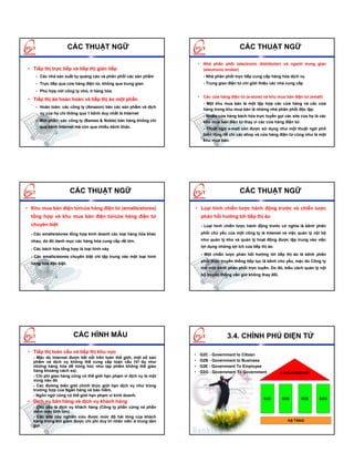 CÁC THUẬT NGỮ                                                          CÁC THUẬT NGỮ

                                                                         • Nhà phân phối (electronic distributor) và người trung gian
 • Tiếp thị trực tiếp và tiếp thị gián tiếp                                (electronic broker)
    – Các nhà sản xuất tự quảng cáo và phân phối các sản phẩm              - Nhà phân phối trực tiếp cung cấp hàng hóa dịch vụ
    – Trực tiếp qua cửa hàng điện tử, không qua trung gian                 - Trung gian điện tử chỉ giới thiệu các nhà cung cấp
    – Phù hợp với công ty nhỏ, ít hàng hóa
                                                                         • Các cửa hàng điện tử (e-store) và khu mua bán điện tử (emall)
 • Tiếp thị ảo hoàn hoàn và tiếp thị ảo một phần
                                                                           - Một khu mua bán là một tập hợp các cửa hàng và các cửa
    – Hoàn toàn: các công ty (Amazon) bán các sản phẩm và dịch
                                                                           hàng trong khu mua bán là những nhà phân phối độc lập.
      vụ của họ chỉ thông qua 1 kênh duy nhất là Internet
                                                                           - Nhiều cửa hàng bách hóa trực tuyến gọi các site của họ là các
    – Một phần: các công ty (Bames & Noble) bán hàng không chỉ             khu mua bán điện tử thay vì các cửa hàng điện tử.
      qua kênh Internet mà còn qua nhiều kênh khác.                        - Thuật ngữ e-mall còn được sử dụng như một thuật ngữ phổ
                                                                           biến rộng rãi chỉ các shop và cửa hàng điện tử cũng như là một
                                                                           khu mua bán.




                       CÁC THUẬT NGỮ                                                          CÁC THUẬT NGỮ

• Khu mua bán điện tử/cửa hàng điện tử (emalls/stores)               • Loại hình chiến lược hành động trước và chiến lược
  tổng hợp và khu mua bán điện tử/cửa hàng điện tử                        phản hồi hướng tới tiếp thị ảo
  chuyên biệt                                                             - Loại hình chiến lược hành động trước có nghĩa là kênh phân

  - Các emalls/stores tổng hợp kinh doanh các loại hàng hóa khác          phối chủ yếu của một công ty là Intemet và việc quản lý nội bộ

  nhau, do đó danh mục các hàng hóa cung cấp rất lớn.                     như quản lý kho và quản lý hoạt động được tập trung vào việc
                                                                          lợi dụng những lợi ích của tiếp thị ảo.
  - Các bách hóa tổng hợp là loại hình này
                                                                          - Một chiến lược phản hồi hướng tới tiếp thị ảo là kênh phân
  - Các emalls/stores chuyên biệt chỉ tập trung vào một loại hình
                                                                          phối thực truyền thống tiếp tục là kênh chủ yếu, mặc dù Công ty
  hàng hóa đặc biệt.
                                                                          mở một kênh phân phối trực tuyến. Do đó, kiểu cách quản lý nội
                                                                          bộ truyền thống vẫn giữ không thay đổi.




                        CÁC HÌNH MẪU                                                    3.4. CHÍNH PHỦ ĐIỆN TỬ

 • Tiếp thị toàn cầu và tiếp thị khu vực
                                                                     •   G2C - Government to Citizen
   - Mặc dù Internet được kết nối trên toàn thế giới, một số sản
   phẩm và dịch vụ không thể cung cấp toàn cầu (Ví dụ như            •   G2B - Government to Business
   những hàng hóa dễ hỏng hóc như tạp phẩm không thể giao            •   G2E - Government To Employee
   hàng khoảng cách xa).                                             •   G2G - Government To Government             E-GOVERNMENT
   - Chi phí giao hàng cũng có thể giới hạn phạm vi dịch vụ là một
   vùng nào đó
   - Các đường biên giới chính thức giới hạn dịch vụ như trong
   trường hợp của Ngân hàng và bảo hiểm,
   - Ngôn ngữ cũng có thể giới hạn phạm vi kinh doanh.
                                                                                                           G2C      G2B       G2E     G2G
 • Dịch vụ bán hàng và dịch vụ khách hàng
   - Chủ yếu là dịch vụ khách hàng (Công ty phần cứng và phần
   mềm máy tính lớn)
   - Các site này nghiên cứu được mức độ hài lòng của khách
   hàng trong khi giảm được chi phí duy tri nhân viên ở trung tâm                                                      HẠ TẦNG
   gọi
 