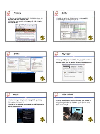 Phishing                                                           Sniffer

   Tội phạm gửi thư điện tử giả tạo đến chủ thẻ, giả vờ như các      Ăn cắp các gói tin gửi đi hoặc nhận về trong mạng LAN
thư đó từ ngân hàng của người nhận                                   Tiến hành giải mã những thông tin đó
   Chủ thẻ sẽ được dẫn đến một trang yêu cầu nhập thông tin
liên quan đến thẻ




          Sniffer                                                            Keylogger


                                                                     Keylogger hỗ trợ việc theo dõi bàn phím, chụp ảnh màn hình và

                                                                   gửi tất cả những gì nó ghi lại được đến địa chỉ email được chỉ ra




        Trojan                                                               Trộm cookies

  Hacker thường sử dụng virus họ trojan gửi đến người dùng
                                                                     Hacker sẽ tìm cách sao chép tệp tin cookies ngay trên máy và
thông qua email có attach file
                                                                   dùng chương trình dịch tệp tin để dịch ngược lại nhằm ăn cắp
 Chí cần mở file này, trojan sẽ ăn cắp các mật khẩu truy nhập và   thông tin lưu trong đó
gửi cho chủ nhân của nó
 