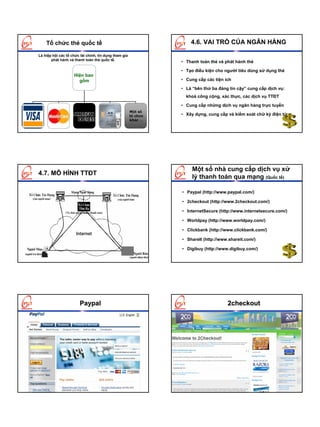 Tổ chức thẻ quốc tế                                              4.6. VAI TRÒ CỦA NGÂN HÀNG
    Là hiệp hội các tổ chức tài chính, tín dụng tham gia
           phát hành và thanh toán thẻ quốc tế.
                                                                     • Thanh toán thẻ và phát hành thẻ

                                                                     • Tạo điều kiện cho người tiêu dùng sử dụng thẻ
                        Hiện bao
                          gồm                                        • Cung cấp các tiện ích

                                                                     • Là “bên thứ ba đáng tin cậy” cung cấp dịch vụ:
                                                                       khoá công cộng, xác thực, các dịch vụ TTĐT

                                                                     • Cung cấp những dịch vụ ngân hàng trực tuyến
                                                           Một số
.                                                          tổ chức   • Xây dựng, cung cấp và kiểm soát chữ ký điện tử
                                                           khác …




                                                                          Một số nhà cung cấp dịch vụ xử
    4.7. MÔ HÌNH TTĐT
                                                                          lý thanh toán qua mạng (Quốc tế)

                                                                     • Paypal (http://www.paypal.com/)

                                                                     • 2checkout (http://www.2checkout.com/)

                                                                     • InternetSecure (http://www.internetsecure.com/)

                                                                     • Worldpay (http://www.worldpay.com/)

                                                                     • Clickbank (http://www.clickbank.com/)

                                                                     • ShareIt (http://www.shareit.com/)

                                                                     • Digibuy (http://www.digibuy.com/)




                           Paypal                                                         2checkout
 
