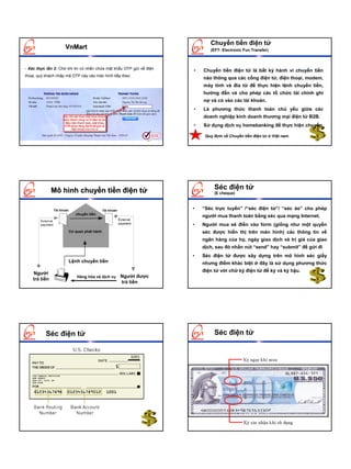 Chuyển tiền điện tử
                      VnMart                                                   (EFT- Electronic Fun Transfer)



- Xác thực lần 2: Chờ khi tin có nhắn chứa mật khẩu OTP gửi về điện
                                                                        •   Chuyển tiền điện tử là bất kỳ hành vi chuyển tiền
thoại, quý khách nhập mã OTP này vào màn hình tiếp theo:
                                                                            nào thông qua các cổng điện tử, điện thoại, modem,
                                                                            máy tính và đĩa từ để thực hiện lệnh chuyển tiền,
                                                                            hướng đẫn và cho phép các tổ chức tài chính ghi
                                                                            nợ và có vào các tài khoản.
                                                                        •   Là phương thức thanh toán chủ yếu giữa các
                                                                            doanh nghiệp kinh doanh thương mại điện tử B2B.
                                                                        •   Sử dụng dịch vụ homebanking để thực hiện chuyển

                                                                             Quy định về Chuyển tiền điện tử ở Việt nam




               Mô hình chuyển tiền điện tử                                       Séc điện tử
                                                                                 (E cheque)



               Tài khoản                       Tài khoản                •   “Séc trực tuyến” /“séc điện tử”/ “séc ảo” cho phép
                              chuyển tiền
                                                                            người mua thanh toán bằng séc qua mạng Internet.
                                                                        •   Người mua sẽ điền vào form (giống như một quyển
                           Cơ quan phát hành                                séc được hiển thị trên màn hình) các thông tin về
                                                                            ngân hàng của họ, ngày giao dịch và trị giá của giao
                                                                            dịch, sau đó nhấn nút “send” hay “submit” để gửi đi
                                                                        •   Séc điện tử được xây dựng trên mô hình séc giấy
                           Lệnh chuyển tiền                                 nhưng điểm khác biệt ở đây là sử dụng phương thức
                                                                            điện tử với chữ ký điện tử để ký và ký hậu.
    Người
                               Hàng hóa và dịch vụ         Người được
    trả tiền
                                                           trả tiền




          Séc điện tử                                                            Séc điện tử
 