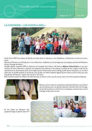 Nouvelle activité économique
LA CHÈVRERIE « LES CHAPELLINES »
Lundi 10 avril 2017, les enfants de l’école sont allés visiter la chèvrerie « Les Chapellines » fraîchement arrivée sur la com-
mune.
Damien et Marianne,ont fait découvrir aux enfants leur installation et ont partagé avec eux quelques secrets de fabrication
de leur fromage de chèvre.
Installée depuis novembre 2016, la chèvrerie se compose de 6 boucs, 110 chèvres Alpines Chamoisées et une qua-
rantaine de cabris. Marianne a répondu aux questions des enfants sur les chèvres à propos de leur origine, mode de vie,
reproduction et alimentation.Ainsi ils ont appris qu’une chèvre pèse environ 60 kg, qu’elle donne naissance à un ou deux
cabris par an, qu’elle produit 2 l de lait par jour, qu’elle a le même système digestif qu’une vache et qu’il lui faut, par jour,
3 kg de foin de luzerne, 1 kg de maïs, du sel et 10 l d’eau.
Elle a ensuite conduit les enfants à la salle de traite, et chacun à leur tour, ils ont pu traire à la main, la patiente biquette.
Damien a pris le relais et a présenté la salle de production aux écoliers
qui ont écouté, avec une grande attention comment faire du fromage :
du lait, de la présure et du ferment et quelques semaines pour que le
fromage se fasse dans la cave
Ils ont même pu fabriquer leur
propre fromage et repartir avec !!!!!!!
Bulletin N° 12
P 6
Mai 2017
 