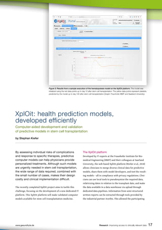 17
www.gesundhyte.de Research Improving access to clinically relevant data 17
Figure 3: Results from a sample execution of the hematopoiesis model on the XplOit platform. The model was
initialized using the red data points up to day 10 after stem cell transplantation. The yellow data points represent platelets
predicted by the model up to day 100 after stem cell transplantation (Graph: Fraunhofer IBMT and Saarland University).
By assessing individual risks of complications
and response to specific therapies, predictive
computer models can help physicians provide
personalized treatments. Although such models
are urgently needed in stem cell transplantation,
the wide range of data required, combined with
the small number of cases, makes their design
costly and clinical implementation difficult.
The recently completed XplOit project aims to tackle this
challenge, focusing on the development of a new dedicated IT
platform. This XplOit platform will make validated computer
models available for stem cell transplantation medicine.
The XplOit platform
Developed by IT experts at the Fraunhofer Institute for Bio-
medical Engineering (IBMT) and their colleagues at Saarland
University, the web-based XplOit platform (Weiler et al., 2018)
allows clinicians to merge diverse clinical data for predictive
models, share them with model developers, and test the result-
ing models – all in compliance with privacy regulations. Clini-
cians can use local tools to pseudonymize the required data,
relativizing dates in relation to the transplant date, and make
the data available in a data warehouse via upload through
dedicated data pipelines. Information from semi-structured
written reports can be extracted through tools provided by
the industrial partner Averbis. This allowed the participating
XplOit: health prediction models,
developed efficiently
Computer-aided development and validation
of predictive models in stem cell transplantation
by Stephan Kiefer
 