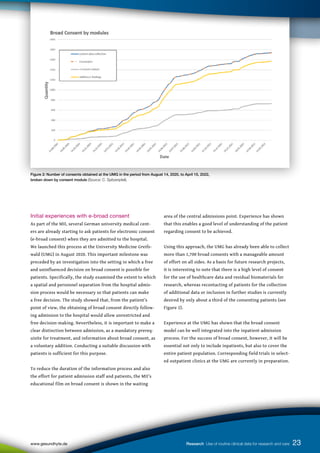 Figure 2: Number of consents obtained at the UMG in the period from August 14, 2020, to April 15, 2022,
broken down by consent module (Source: C. Spitzenpfeil).
23
www.gesundhyte.de Research Use of routine clinical data for research and care
Initial experiences with e-broad consent
As part of the MII, several German university medical cent-
ers are already starting to ask patients for electronic consent
(e-broad consent) when they are admitted to the hospital.
We launched this process at the University Medicine Greifs-
wald (UMG) in August 2020. This important milestone was
preceded by an investigation into the setting in which a free
and uninfluenced decision on broad consent is possible for
patients. Specifically, the study examined the extent to which
a spatial and personnel separation from the hospital admis-
sion process would be necessary so that patients can make
a free decision. The study showed that, from the patient’s
point of view, the obtaining of broad consent directly follow-
ing admission to the hospital would allow unrestricted and
free decision-making. Nevertheless, it is important to make a
clear distinction between admission, as a mandatory prereq-
uisite for treatment, and information about broad consent, as
a voluntary addition. Conducting a suitable discussion with
patients is sufficient for this purpose.
To reduce the duration of the information process and also
the effort for patient admission staff and patients, the MII’s
educational film on broad consent is shown in the waiting
area of the central admissions point. Experience has shown
that this enables a good level of understanding of the patient
regarding consent to be achieved.
Using this approach, the UMG has already been able to collect
more than 1,700 broad consents with a manageable amount
of effort on all sides. As a basis for future research projects,
it is interesting to note that there is a high level of consent
for the use of healthcare data and residual biomaterials for
research, whereas recontacting of patients for the collection
of additional data or inclusion in further studies is currently
desired by only about a third of the consenting patients (see
Figure 2).
Experience at the UMG has shown that the broad consent
model can be well integrated into the inpatient admission
process. For the success of broad consent, however, it will be
essential not only to include inpatients, but also to cover the
entire patient population. Corresponding field trials in select-
ed outpatient clinics at the UMG are currently in preparation.
 
