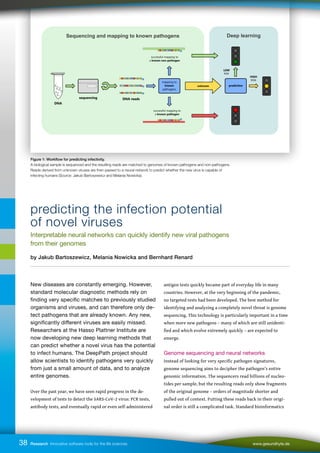 38 Research Innovative software tools for the life sciences www.gesundhyte.de
Figure 1: Workflow for predicting infectivity.
A biological sample is sequenced and the resulting reads are matched to genomes of known pathogens and non-pathogens.
Reads derived from unknown viruses are then passed to a neural network to predict whether the new virus is capable of
infecting humans (Source: Jakub Bartoszewicz and Melania Nowicka).
New diseases are constantly emerging. However,
standard molecular diagnostic methods rely on
finding very specific matches to previously studied
organisms and viruses, and can therefore only de-
tect pathogens that are already known. Any new,
significantly different viruses are easily missed.
Researchers at the Hasso Plattner Institute are
now developing new deep learning methods that
can predict whether a novel virus has the potential
to infect humans. The DeepPath project should
allow scientists to identify pathogens very quickly
from just a small amount of data, and to analyze
entire genomes.
Over the past year, we have seen rapid progress in the de-
velopment of tests to detect the SARS-CoV-2 virus: PCR tests,
antibody tests, and eventually rapid or even self-administered
antigen tests quickly became part of everyday life in many
countries. However, at the very beginning of the pandemic,
no targeted tests had been developed. The best method for
identifying and analyzing a completely novel threat is genome
sequencing. This technology is particularly important in a time
when more new pathogens – many of which are still unidenti-
fied and which evolve extremely quickly – are expected to
emerge.
Genome sequencing and neural networks
Instead of looking for very specific pathogen signatures,
genome sequencing aims to decipher the pathogen’s entire
genomic information. The sequencers read billions of nucleo-
tides per sample, but the resulting reads only show fragments
of the original genome – orders of magnitude shorter and
pulled out of context. Putting these reads back in their origi-
nal order is still a complicated task. Standard bioinformatics
predicting the infection potential
of novel viruses
Interpretable neural networks can quickly identify new viral pathogens
from their genomes
by Jakub Bartoszewicz, Melania Nowicka and Bernhard Renard
 