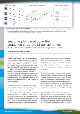 !#
 $%
#'(%)
   
 
 
!#
 %)*
#'(*$
   
 
 
!#
 %$%*%%
#'(
   
 
 
!#
 $*%$
#'(%
   
 
 
!#%
 %$*%)
#'(*
+++
 $%
40 Research Innovative software tools for the life sciences www.gesundhyte.de
Figure 2: Overview of the calculation steps in PopDel.
First, PopDel reduces the input data of each genome into a small profile. Next, it uses likelihood ratio (LR) tests to determine for all genomes at once
whether structural variants are present in each possible genomic region. The output of PopDel contains information on the position and size of the
variants as well as the corresponding genotypes of all genomes (Source: Birte Kehr).
The DNA sequence of every human being con-
tains a multitude of genetic variants that signifi-
cantly influence our appearance and health. To
uncover these differences and better understand
their effects, the genomes of tens of thousands
of individuals need to be searched and analyzed
– a difficult and time-consuming task that has
pushed traditional computational methods to
their limits. However, new methods for analyzing
huge amounts of data can overcome this chal-
lenge – providing valuable research insights and
assisting in the development of new therapies for
serious diseases.
In addition to the millions of variations at single DNA posi-
tions, thousands of variants that alter the structure of our
genome sequences exist. These so-called structural vari-
ants (SVs) can take a wide variety of forms: DNA segments
may be reversed (inversions), doubled (duplications), newly
introduced (insertions) or lost (deletions). Certain SVs are
associated with genetic diseases like Alzheimer’s, muscular
dystrophies and autism. Therefore, these variants are of great
medical interest. To better understand SVs and their effects,
thousands of human genomes are sequenced and analyzed.
Special computer programs analyze digitized DNA sequences
and provide information about the presence of SVs. The rap-
idly growing amount of available sequencing data represents
a great opportunity – but also poses an enormous technical
challenge. As more and more genomes are sequenced, special
approaches are required to cope with the vast quantities of
data produced.
Information from tens of thousands of genomes
Our project Cohort-SV addresses this challenge. We developed
a program called PopDel (Niehus et al., 2021), which can jointly
analyze the genomes of tens of thousands of people thanks to
efficient algorithms, clever data management, and a tailored
statistical model. This allows us to find out what SVs are present
in each individual genome while also gaining information about
the inheritance and distribution of SVs within a particular popu-
lation.
To handle such huge quantities of data, PopDel works in two
steps. In the first step, it extracts the relevant information from
each sequenced genome and creates small individual “profiles”
in which to store this information. This reduces the amount of
data that needs to be analyzed to one to two percent of the origi-
nal size, allowing PopDel to subsequently analyze the profiles of a
searching for variation in the
sequence structure of our genomes
How the PopDel software can harness the potential of large volumes of data
by Sebastian Niehus and Birte Kehr
 
