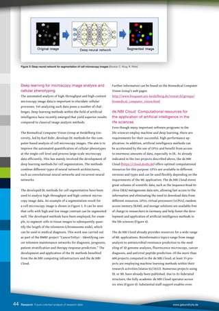 Figure 3: Deep neural network for segmentation of cell microscopy images (Source: C. Krug, K. Rohr).
44 Research Future-oriented analysis of research data www.gesundhyte.de
Deep learning for microscopy image analysis and
cellular phenotyping
The automated analysis of high-throughput and high-content
microscopy image data is important to elucidate cellular
processes. Yet analyzing such data poses a number of chal-
lenges. Deep learning methods within the field of artificial
intelligence have recently emerged that yield superior results
compared to classical image analysis methods.
The Biomedical Computer Vision Group at Heidelberg Uni-
versity, led by Karl Rohr, develops DL methods for the com-
puter-based analysis of cell microscopy images. The aim is to
improve the automated quantification of cellular phenotypes
at the single-cell level and process large-scale microscopy
data efficiently. This has mainly involved the development of
deep learning methods for cell segmentation. The methods
combine different types of neural network architectures,
such as convolutional neural networks and recurrent neural
networks.
The developed DL methods for cell segmentation have been
used to analyze high-throughput and high-content micros-
copy image data. An example of a segmentation result for
a cell microscopy image is shown in Figure 3. It can be seen
that cells with high and low image contrast can be segmented
well. The developed methods have been employed, for exam-
ple, to segment cells in tissue images to subsequently quan-
tify the length of the telomeres (chromosome ends), which
can be used in medical diagnosis. This work was carried out
as part of the BMBF project “CancerTelSys – Identifying can-
cer telomere maintenance networks for diagnosis, prognosis,
patient stratification and therapy response prediction.” The
development and application of the DL methods benefited
from the de.NBI computing infrastructure and the de.NBI
Cloud.
Further information can be found on the Biomedical Computer
Vision Group’s web pages:
http://www.bioquant.uni-heidelberg.de/research/groups/
biomedical_computer_vision.html
de.NBI Cloud: Computational resources for
the application of artificial intelligence in the
life sciences
Even though many important software programs in the
life sciences employ machine and deep learning, there are
requirements for their successful, high-performance ap-
plication. In addition, artificial intelligence methods can
be accelerated by the use of GPUs and benefit from access
to enormous amounts of data, especially in DL. As already
indicated in the two projects described above, the de.NBI
Cloud (https://cloud.denbi.de) offers optimal computational
resources for this purpose. GPUs are available in different
versions and types and can be used flexibly depending on the
requirements of the ML application. The de.NBI Cloud stores
great volumes of scientific data, such as the Sequence Read Ar-
chive (SRA) metagenome data sets, allowing fast access to the
information and eliminating the need to download data from
different resources. GPUs, virtual processors (vCPUs), random
access memory (RAM), and storage solutions are available free
of charge to researchers in Germany and help foster the deve-
lopment and application of artificial intelligence methods in
the life sciences (Figure 4).
The de.NBI Cloud already provides resources for a wide range
of ML applications. Bioinformatics topics range from image
analysis to antimicrobial resistance prediction to the mod-
eling of 3D genome analyses, fluorescence microscopy, cancer
diagnosis, and antiviral peptide prediction. Of the more than
600 projects computed in the de.NBI Cloud, at least 55 pro-
jects are employing machine learning methods within their
research activities (status 02/2022). Numerous projects using
DL or ML have already been published. Due to its federated
structure, the fully academic de.NBI Cloud operates across
six sites (Figure 4). Substantial staff support enables even
 