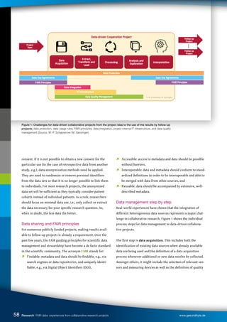 Data-driven Cooperation Project
Data Integration
Data Protection
IT Infrastructure
Data Quality Management
FAIR Principles FAIR Principles
Data Use Agreements Data Use Agreements
Project
Start
Follow-up
Project
Follow-up
Project
…
Data
Acquisition
Extract,
Transform and
Load
Processing
Analysis and
Exploration
Interpretation
© M. Schapranow, M. Ganzinger
Figure 1: Challenges for data-driven collaborative projects from the project idea to the use of the results by follow-up
projects: data protection, data usage rules, FAIR principles, data integration, project internal IT infrastructure, and data quality
management (Source: M.-P. Schapranow / M. Ganzinger).
consent. If it is not possible to obtain a new consent for the
particular use (in the case of retrospective data from another
study, e.g.), data anonymization methods need be applied.
They are used to randomize or remove personal identifiers
from the data sets so that it is no longer possible to link them
to individuals. For most research projects, the anonymized
data set will be sufficient as they typically consider patient
cohorts instead of individual patients. As a rule, researchers
should focus on minimal data use, i.e., only collect or extract
the data necessary for your specific research question. So,
when in doubt, the less data the better.
Data sharing and FAIR principles
For numerous publicly funded projects, making results avail-
able to follow-up projects is already a requirement. Over the
past few years, the FAIR guiding principles for scientific data
management and stewardship have become a de facto standard
in the scientific community. The acronym FAIR stands for:
 Findable: metadata and data should be findable, e.g., via
search engines or data repositories, and uniquely identi-
fiable, e.g., via Digital Object Identifiers (DOI),
 Accessible: access to metadata and data should be possible
without barriers,
 Interoperable: data and metadata should conform to stand-
ardized definitions in order to be interoperable and able to
be merged with data from other sources, and
 Reusable: data should be accompanied by extensive, well-
described metadata.
Data management step by step
Real-world experiences have shown that the integration of
different heterogeneous data sources represents a major chal-
lenge in collaborative research. Figure 1 shows the individual
process steps for data management in data-driven collabora-
tive projects.
The first step is data acquisition. This includes both the
identification of existing data sources when already available
data are being used and the definition of a data acquisition
process whenever additional or new data need to be collected.
Amongst others, it might include the selection of relevant sen-
sors and measuring devices as well as the definition of quality
58 Research FAIR data: experiences from collaborative research projects www.gesundhyte.de
 