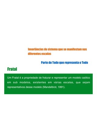 Fratal
Um Fratal é a propriedade de fraturar e representar um modelo caótico
em sub modelos, existentes em várias escalas, que sejam
representativos desse modelo (Mandelbrot, 1991).!
!
Invariâncias do sistema que se manifestam nas
diferentes escalas
Parte do Todo que representa o Todo
 