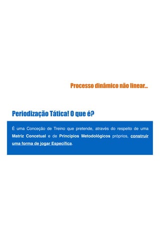 !
É uma Conceção de Treino que pretende, através do respeito de uma
Matriz Concetual e de Princípios Metodológicos próprios, construir
uma forma de jogar Especíﬁca.!
!
Periodização Tática! O que é?
Processo dinâmico não linear…
 