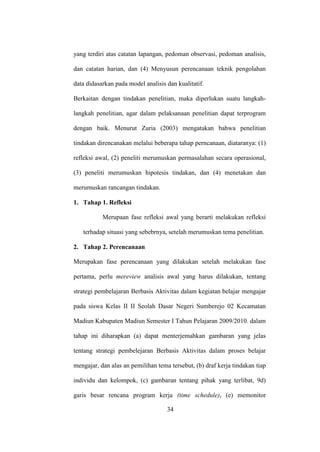 yang terdiri atas catatan lapangan, pedoman observasi, pedoman analisis,
dan catatan harian, dan (4) Menyusun perencanaan teknik pengolahan
data didasarkan pada model analisis dan kualitatif.
Berkaitan dengan tindakan penelitian, maka diperlukan suatu langkah-
langkah penelitian, agar dalam pelaksanaan penelitian dapat terprogram
dengan baik. Menurut Zuria (2003) mengatakan bahwa penelitian
tindakan direncanakan melalui beberapa tahap perncanaan, diataranya: (1)
refleksi awal, (2) peneliti merumuskan permasalahan secara operasional,
(3) peneliti merumuskan hipotesis tindakan, dan (4) menetakan dan
merumuskan rancangan tindakan.
1. Tahap 1. Refleksi
Merupaan fase refleksi awal yang berarti melakukan refleksi
terhadap situasi yang sebebrnya, setelah merumuskan tema penelitian.
2. Tahap 2. Perencanaan
Merupakan fase perencanaan yang dilakukan setelah melakukan fase
pertama, perlu mereview analisis awal yang harus dilakukan, tentang
strategi pembelajaran Berbasis Aktivitas dalam kegiatan belajar mengajar
pada siswa Kelas II II Seolah Dasar Negeri Sumberejo 02 Kecamatan
Madiun Kabupaten Madiun Semester I Tahun Pelajaran 2009/2010. dalam
tahap ini diharapkan (a) dapat menterjemahkan gambaran yang jelas
tentang strategi pembelejaran Berbasis Aktivitas dalam proses belajar
mengajar, dan alas an pemilihan tema tersebut, (b) draf kerja tindakan tiap
individu dan kelompok, (c) gambaran tentang pihak yang terlibat, 9d)
garis besar rencana program kerja (time schedule), (e) memonitor
34
 