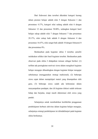 Dari frekwensi data tersebut diketahui kategori kurang
dalam prestasi belajar adalah nilai 5 dengan frekuensi 1 dan
prosentase 4.17%, kategori nilai sedang adalah nilai 6 dengan
frekuensi 12 dan prosentase 50.00%, sedangkan kategori hasil
belajar sukup adalah nilai 7 dengan frekuensi 7 dan prosentase
29.17%, nilai cukup baik adalah 8 dengan frekuensi 4 dan
prosentase 16.67%, nilai sangat baik adalah 10 dengan frekuensi 0
dan prosenntase 0%.
Berdasarkan pada kegiatan siklus I tersebut, peneliti
melakukan refleksi dari hasil kegiatan tersebut. Berdasarkan pada
observasi pada siklus I didapatkan temuan sebagai berikut: (1)
terlihat ada peningkatan motivasi siswa dalam mengikuti kegiatan
belajar mengajar dibandingkan dengan kegiatan belajar mengajar
sebelumnya (menggunakan strategi tradisional), (2) beberapa
siswa cepat dalam mempelajari materi yang disampaikan oleh
guru, (3) beberapa siswa sudah ada keberanian dalam
menyampaikan pendapat, dan (4) kegiatan diskusi sudah terkesan
hidup dan berjalan, tetapi masih didominasi oleh siswa yang
pandai.
Selanjutnya untuk membuktikan keefektifan penggunaan
pembelajaran berbasis aktivitas dalam kegiatan belajar mengajar,
selanjutnya strategi pembelajaran ini ditindaklanjuti pada kegiatan
siklus berikutnya.
39
 