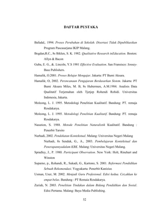 DAFTAR PUSTAKA
Bafadal,. 1994. Proses Perubahan di Sekolah. Disertasi Tidak Dipublikasikan
Program Pascasarjana IKIP Malang.
Bogdan,R.C., 8s Biklen, S. K. 1982. Qualitative Research inEducation. Boston:
Allyn & Bacon
Guba, E. G., &. Lincoln, Y.S 1981 Effective Evaluation. San Fransisco: Jossey-
Bass Publishers.
Hamalik, O.2001. Proses Belajar Mengajar. Jakarta: PT Bumi Aksara.
Hamalik; O, 2002. Perencanaan Pengajaran Berdasarkan Sistem. Jakarta: PT
Bumi Aksara Miles, M. B, 8s Hubermen, A.M.1984. Analisis Data
Qualitatif Terjemahan oleh Tjetjep Rohendi Rohidi. Universitas
Indonesia, Jakarta.
Moleong, L. J. 1995. Metodologi Penelitian Kualitatif. Bandung: PT. remaja
Rosdakarya.
Moleong, L. J. 1995. Metodologi Penelitian Kualitatif. Bandung: PT. remaja
Rosdakarya.
Nasution, S. 1988. Metode Penelitian Naturalistik Kualitatif. Bandung :
Penerbit Tarsito
Nurhadi, 2002. Pendekatan Kontekstual. Malang: Universitas Negeri Malang
Nurhadi, 8s Senduk, G., A., 2003. Pembelajaran Kontekstual dan
Penerapannyadalam KBK. Malang: Universitas Negeri Malang.
Spradley, J., P. 1980. Participant Observation. New York: Holt, Rinehart and
Winston
Suparno, p., Rohandi, R., Sukadi, G., Kartono, S. 2001. Reformasi Pendidikan
Sebuah Rekomendasi. Yogyakarta: Penerbit Kanisius
Usman, Uzer, M. 2002. Menjadi Guru Profesional. Edisi kedua. Cet,akkan ke
empat belas. Bandung : PT Remaia Rosdakarya.
Zuriah, N. 2003. Penelitian Tindakan dalam Bidang Pendidikan dan Sosial.
Edisi Pertama. Malang: Bayu Media Publishing.
52
 